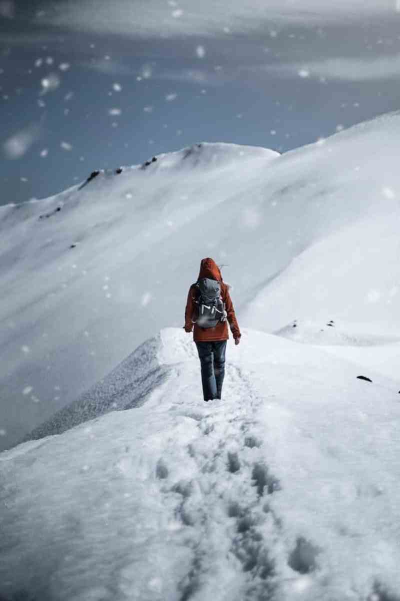 back view of a person in winter clothing walking alone on snow covered ground